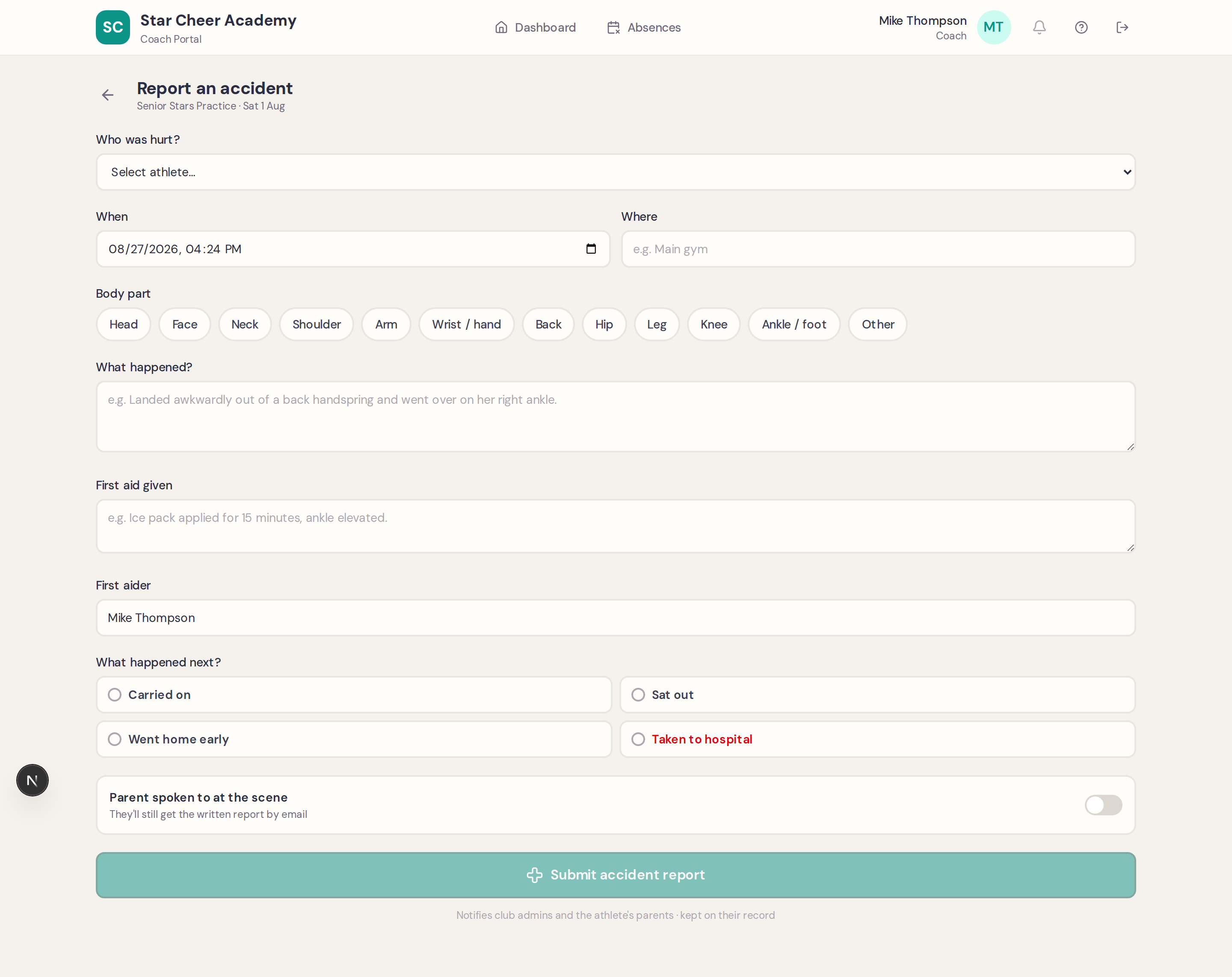 The accident report form showing athlete picker, body-part chips, description and outcome options