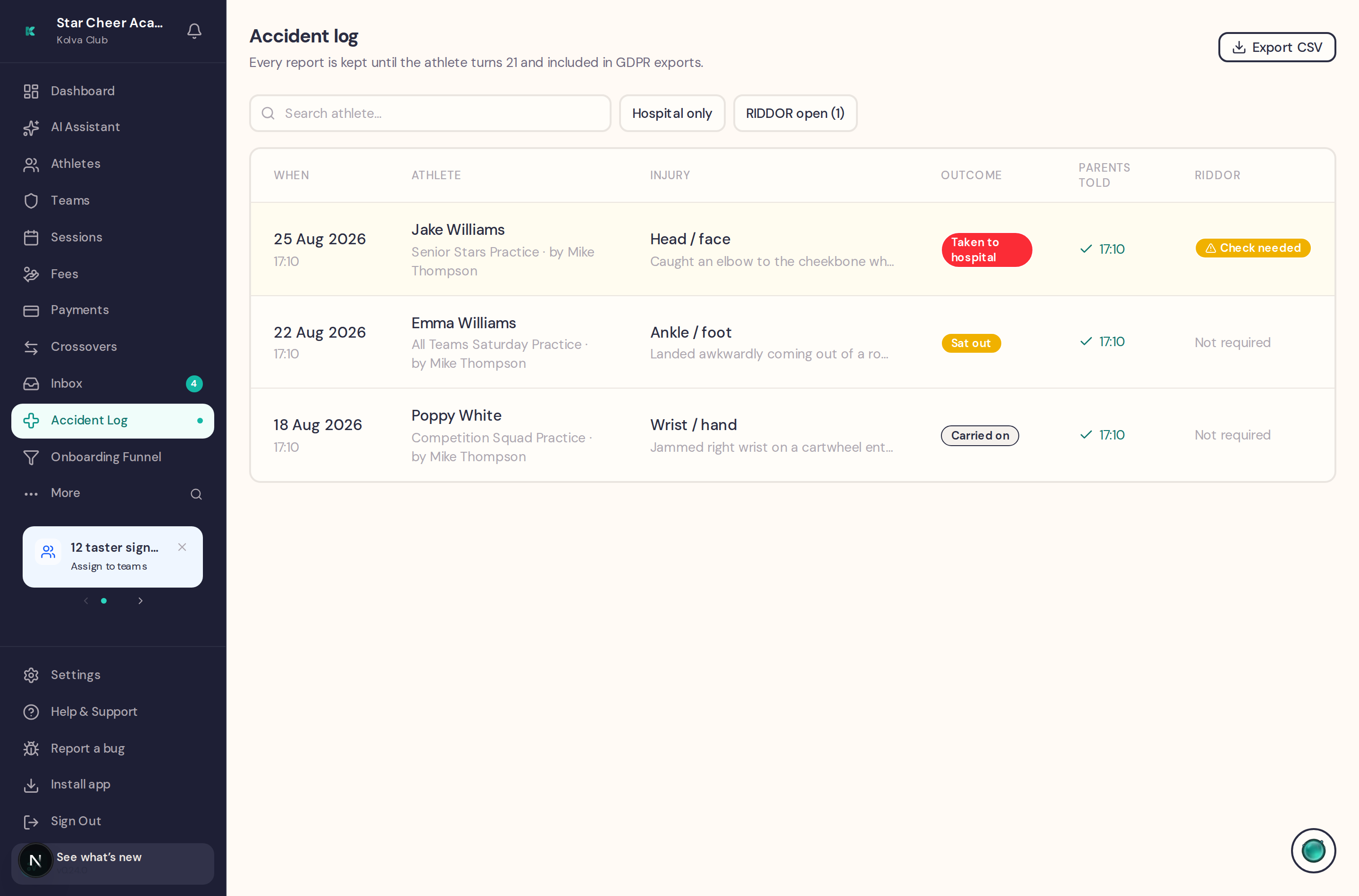 The Accident Log listing three reports with outcome badges and RIDDOR status