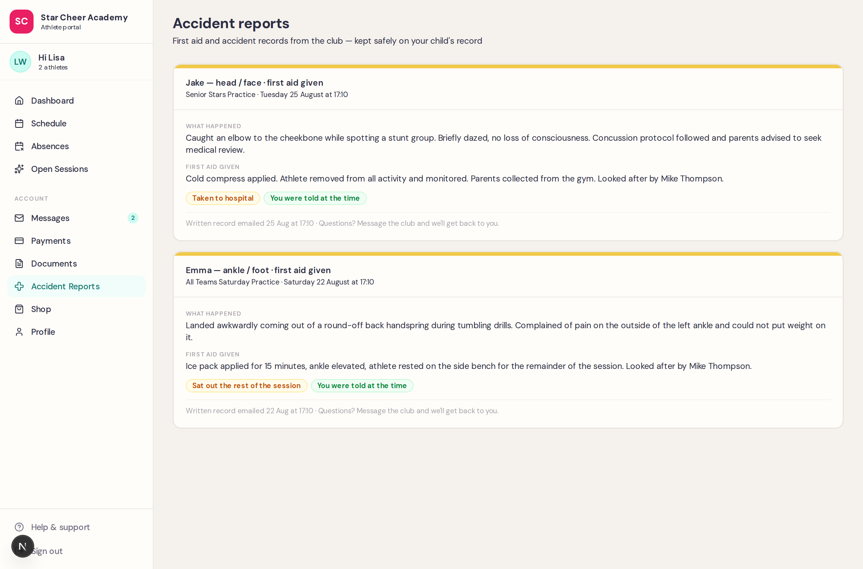 The parent portal Accident Reports page showing two reports with what happened and first aid given