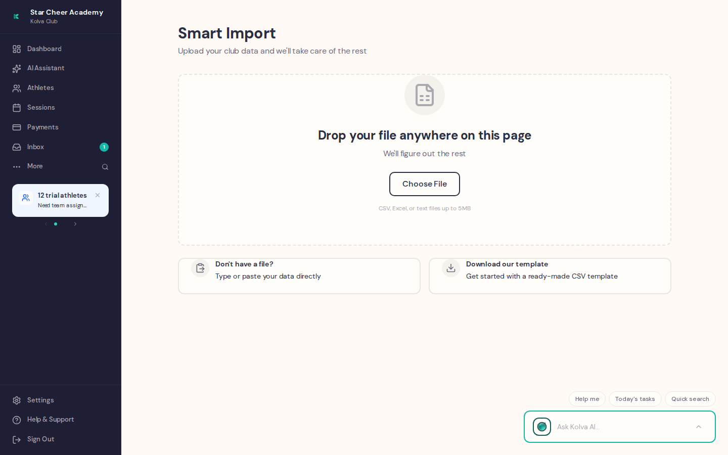 Smart Import upload screen with drag-and-drop area