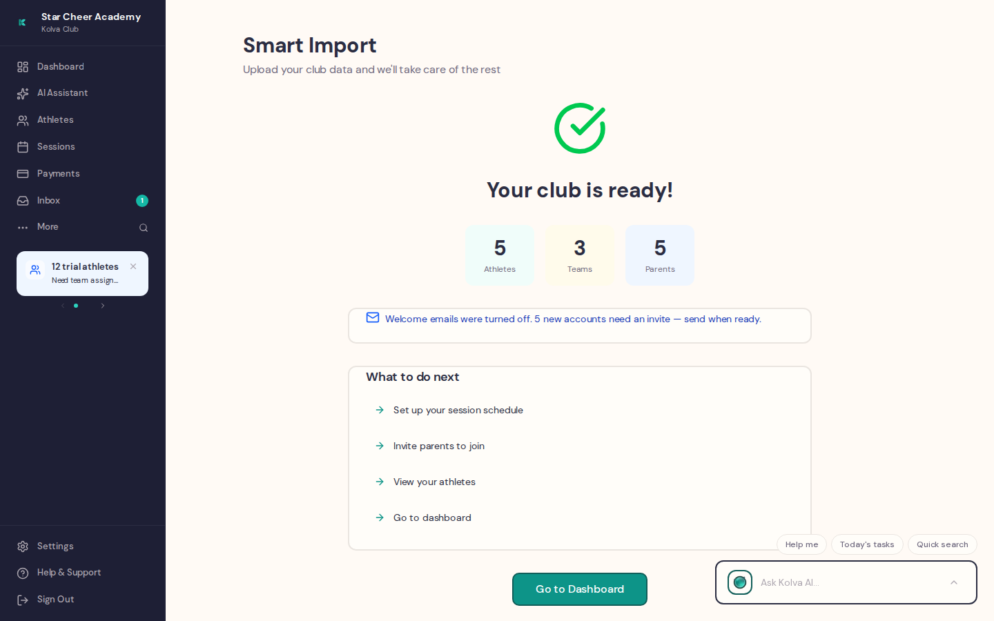 Import success screen showing counts and email status