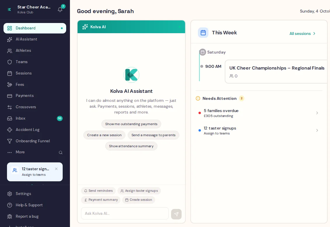 Kolva admin dashboard showing the AI assistant, this week's sessions and a needs-attention list.