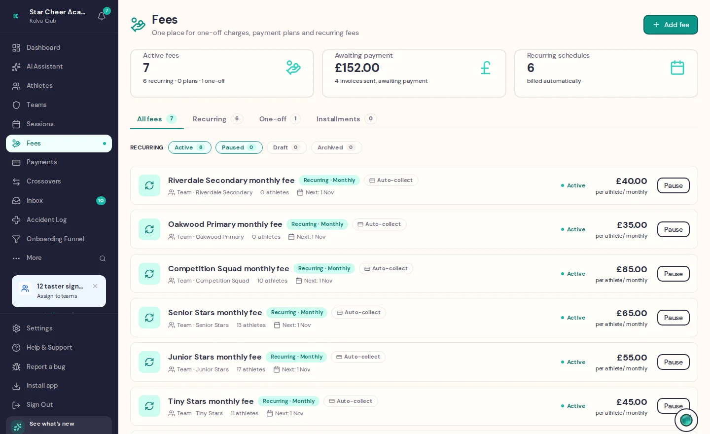 Kolva fees page listing a recurring monthly fee for each team, each marked auto-collect.