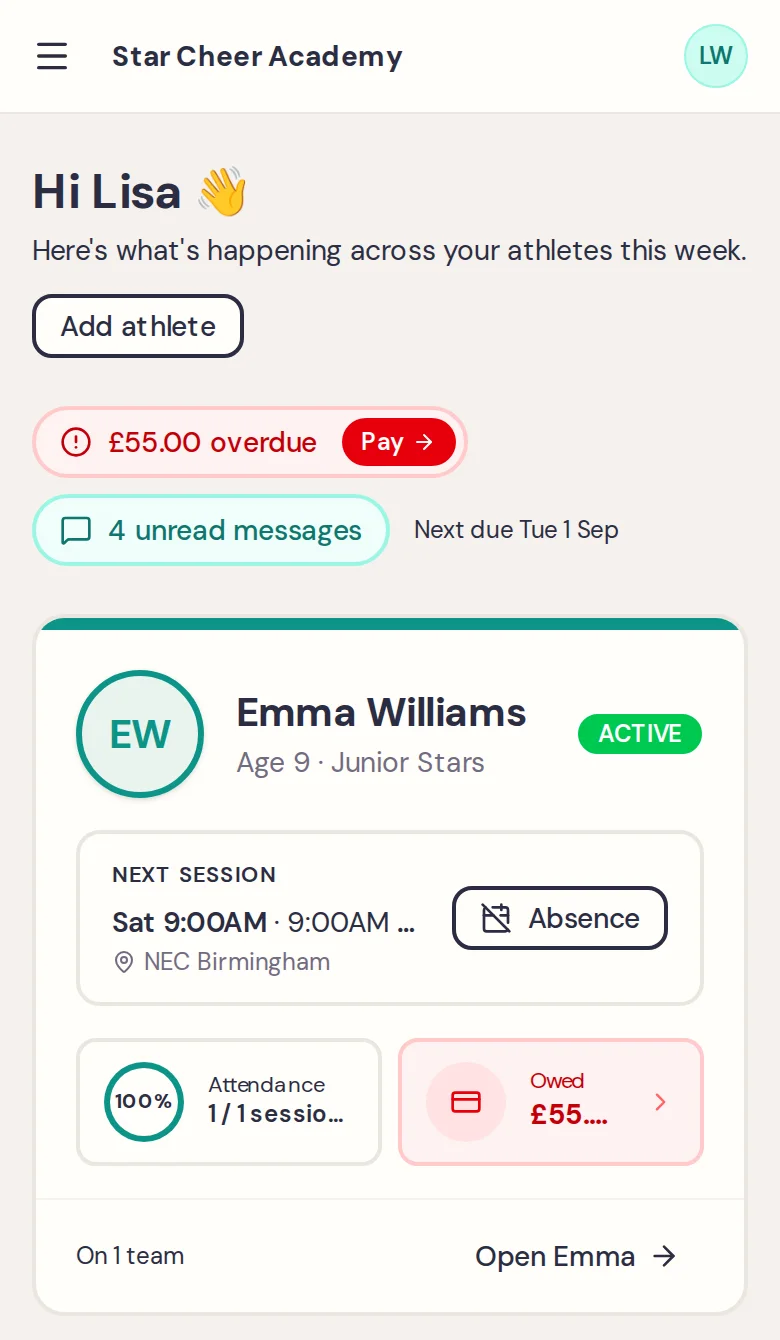 Kolva parent portal on a phone showing a child's next session, attendance and balance.